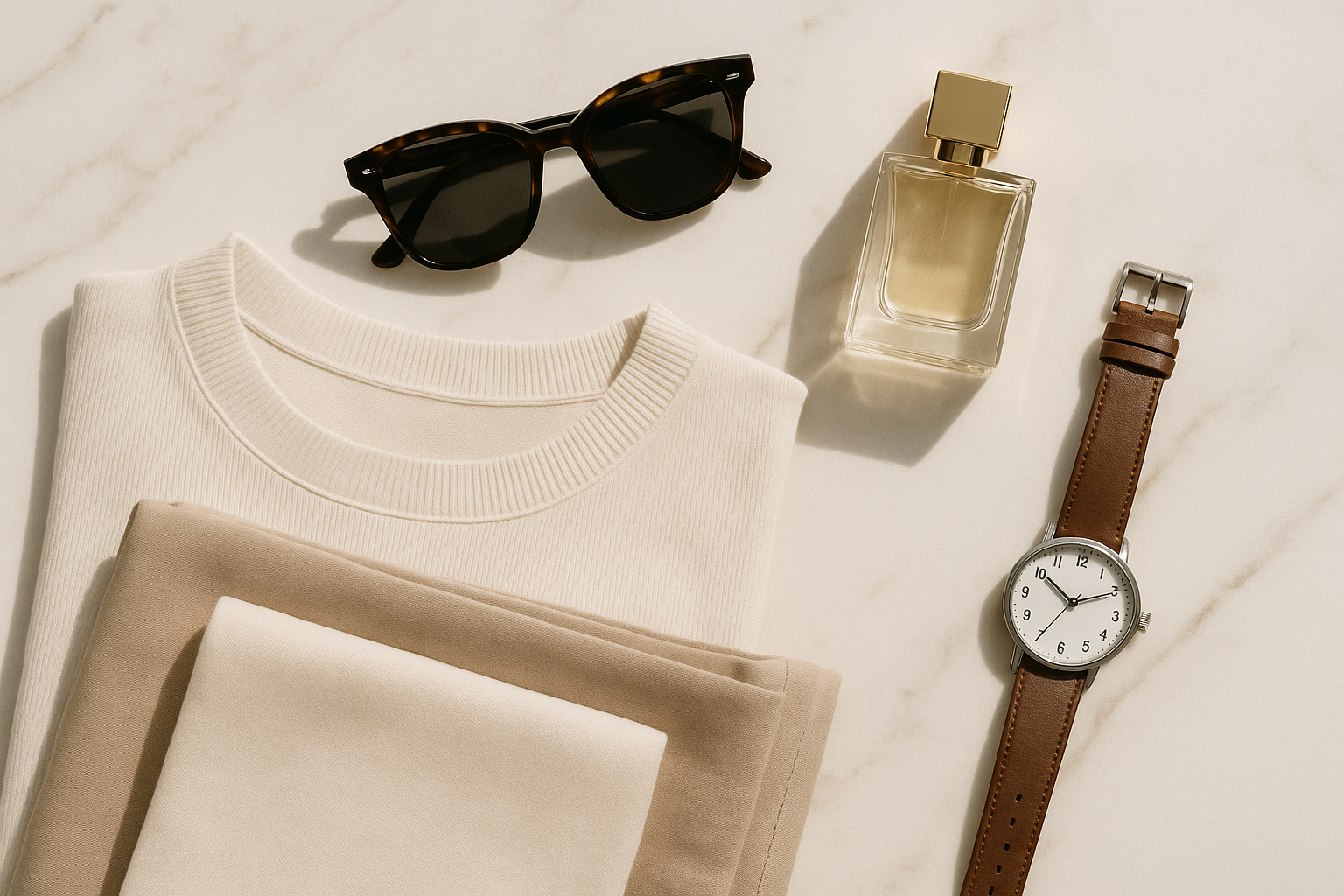 A flat lay composition of sunglasses, perfume, a watch, and folded clothing on a white marble or beige background. Modern, clean, luxury feel for an online fashion and accessories store called FEBVISTA.