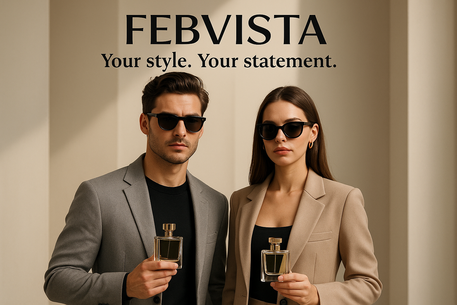 Stylish young man and woman wearing sunglasses and fashionable outfits, holding perfume bottles, standing in a modern studio with neutral tones. The atmosphere is trendy, confident, and professional. Text overlay area for “FEBVISTA – Your style. Your statement.”